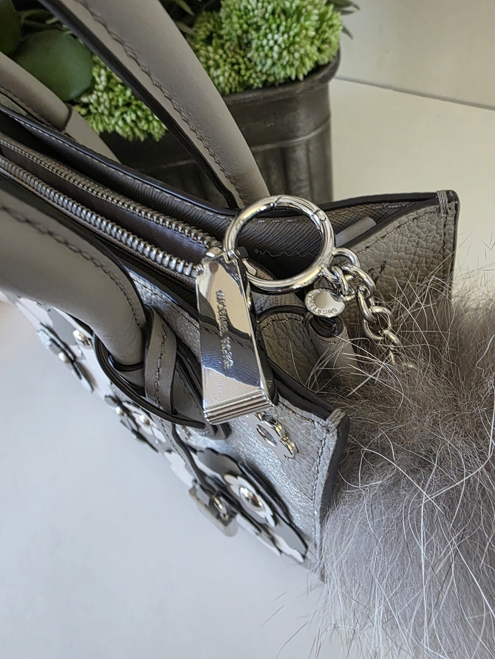 Michael Kors Mercer Floral Leather Crossbody Satchel Pearl Grey Limited Edition - Picture 5 of 13